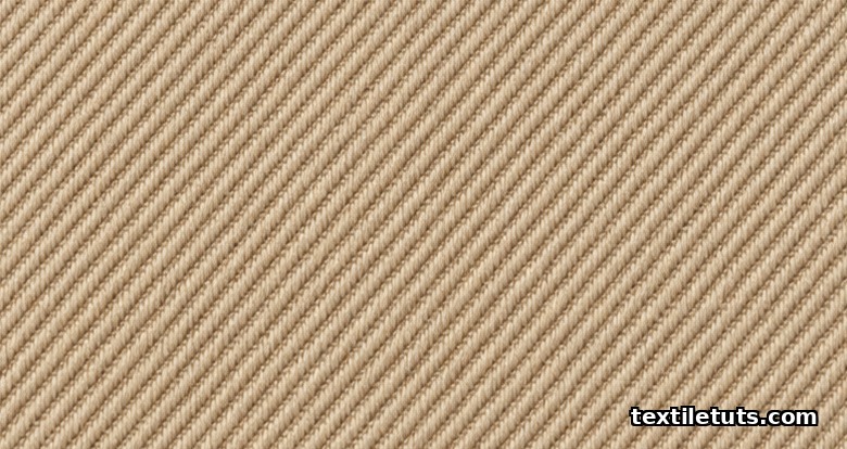 Macro view of beige cotton twill fabric showing the characteristic diagonal wale line at a 45 degree angle.