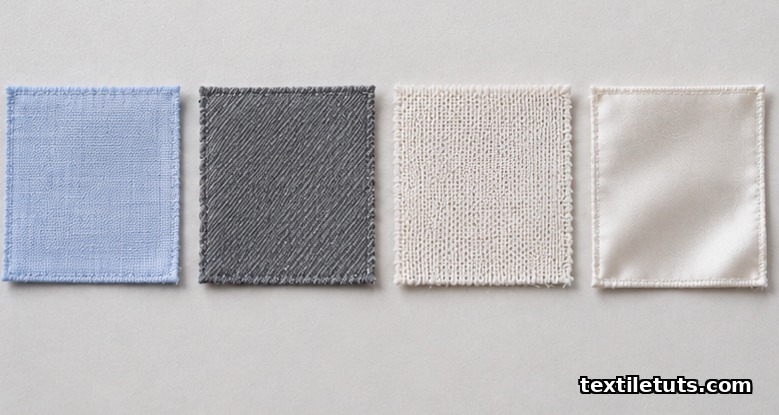 Flat-lay comparison of cotton shirting, wool suiting, polyester knit, and silk charmeuse fabric swatches side by side.