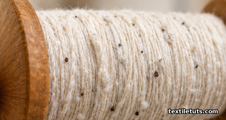 Macro shot of cotton yarn on a reel showing neps and thick places from residual trash particles.