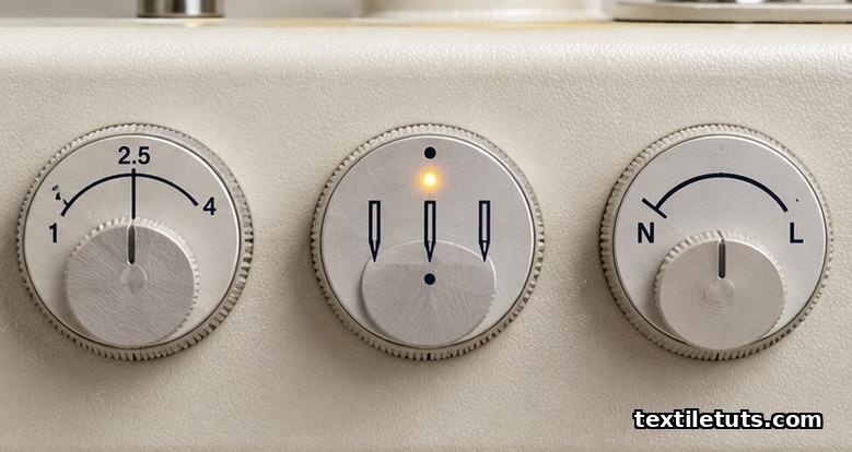 Overhead view of three control dials on a coverstitch machine face for adjusting stitch length, needle width, and thread tension.