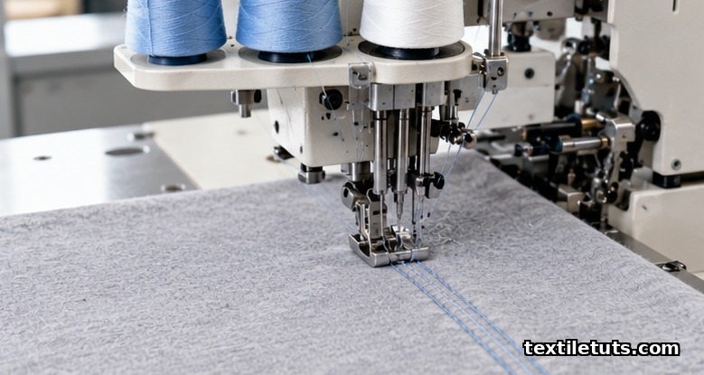 Coverstitch machine presser foot forming a double-row topstitch on light gray knit fabric in a sewing studio.
