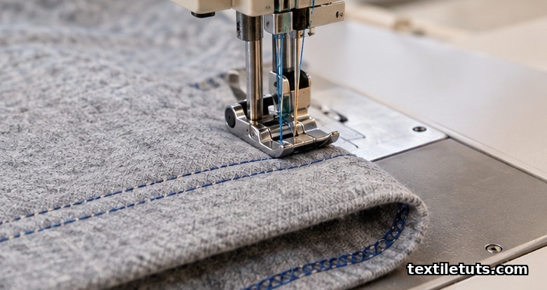Coverstitch machine twin needles forming parallel stitch lines on a folded knit hem allowance