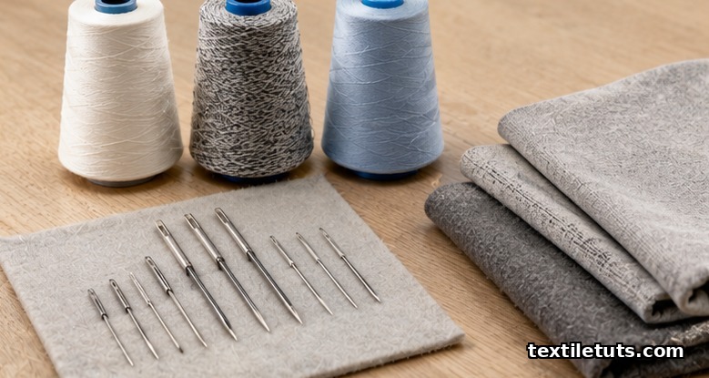 Sewing workbench with thread cones, ballpoint needles, and knit fabric swatches used to set coverstitch tension.