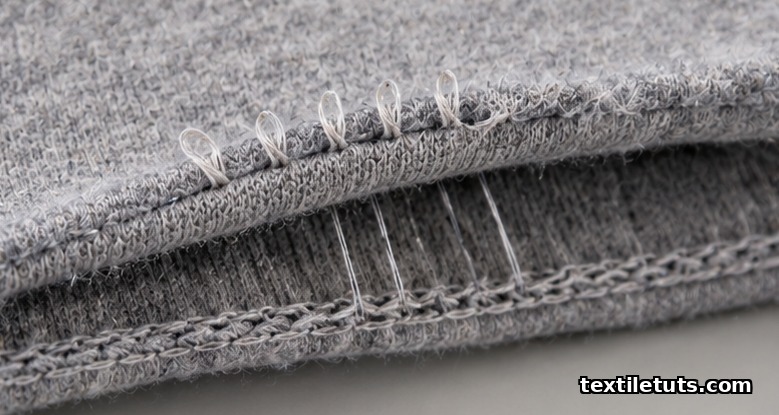Close-up of a knit hem showing thread loops on the face caused by loose looper tension on a coverstitch.