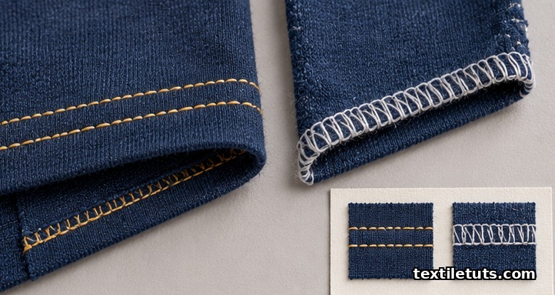 Split view comparing a coverstitch hem with parallel topstitch rows against a serged seam with overedge loops on indigo knit fabric.