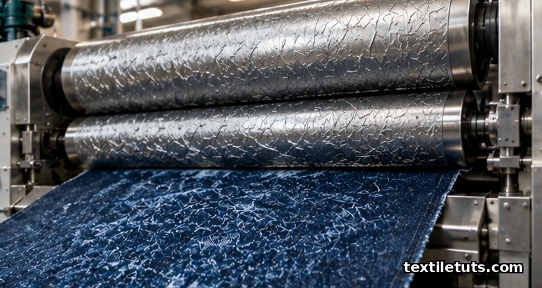 Indigo denim fabric passing between engraved steel calendar rollers in a textile mill.