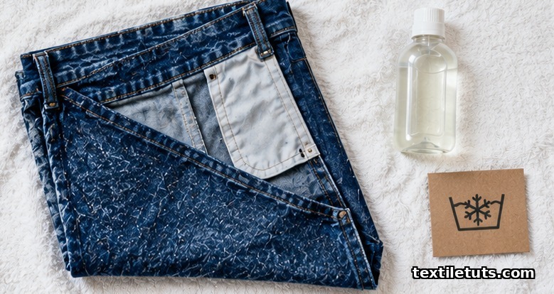Inside-out crushed denim jeans folded beside mild liquid detergent and a cold-wash care card.