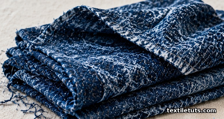 Folded indigo crushed denim showing 3D crumple texture and 3/1 twill weave highlights.