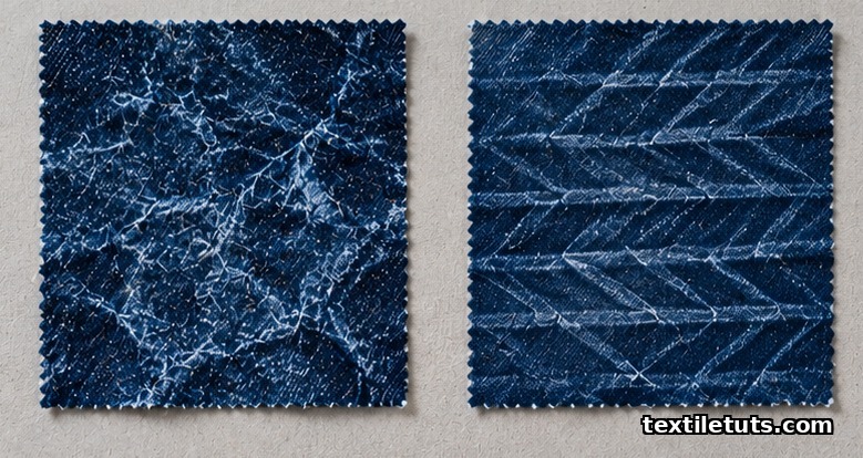 Side-by-side close-up of mechanically crushed versus resin-set chemically fixed indigo denim swatches.