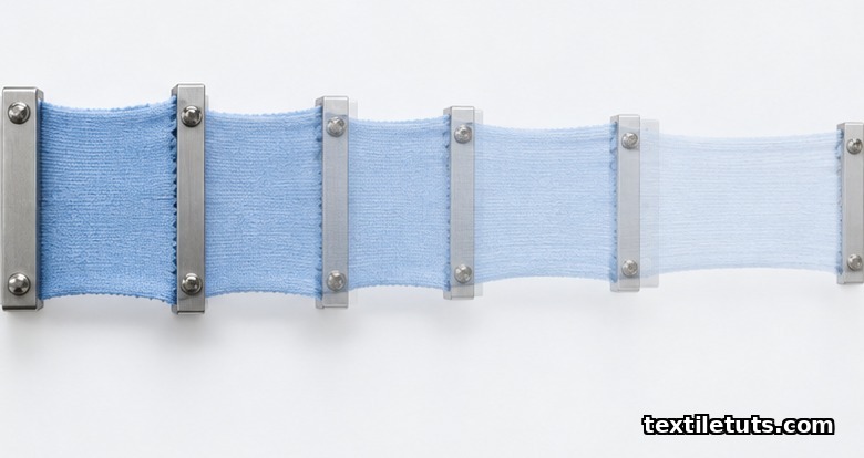 Motion-study sequence of a knit fabric specimen stretched through five overlapping translucent frames between two clamps to show cyclic recovery.