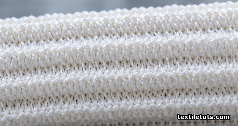 Macro close-up of a knitted Dacron PET vascular graft showing yarn loops and parallel crimp corrugations.