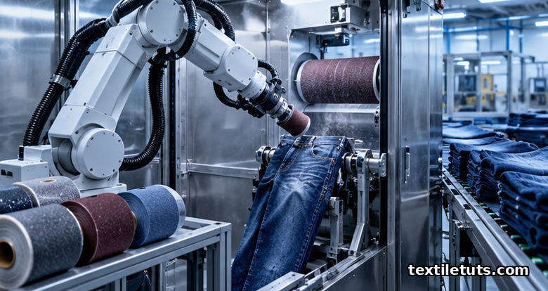 Modern denim finishing factory floor featuring six-axis robotic sanding arm inside enclosed stainless steel cell with abrasive drum.