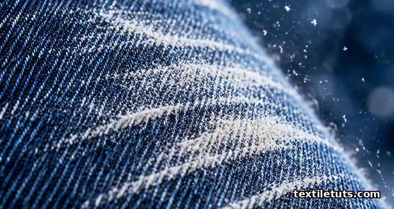 Extreme close-up of indigo denim showing sanded wear marks with white weft core visible through frosted surface abrasion.