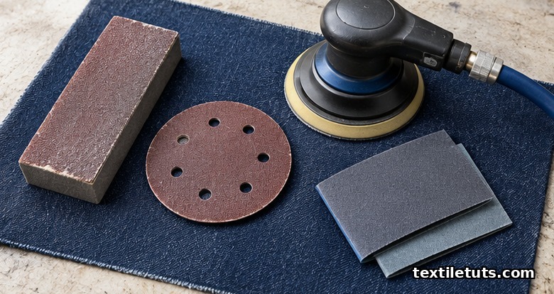 Flat lay of an aluminum-oxide sanding block, foam-backed abrasive disc, and pneumatic paddle sander arranged on a piece of indigo denim on a workbench.