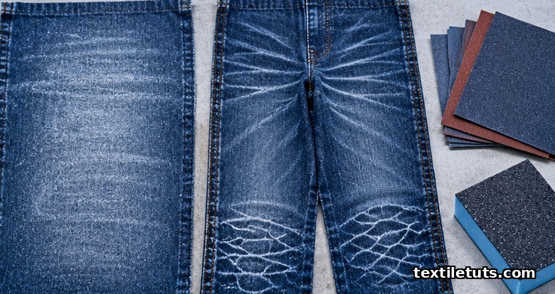 Two denim swatches comparing uniform grinding frost to detailed whisker and honeycomb sanding patterns with grit sandpaper nearby.