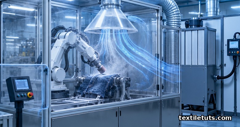 Enclosed robotic denim sanding cell with local exhaust ventilation hood capturing cotton dust at the source behind polycarbonate shield.