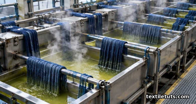 Industrial rope dyeing range with cotton warp yarns passing through sequential indigo dye boxes for repeated dip-and-oxidize cycles.