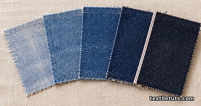 Five denim fabric swatches fanned from lightweight chambray to ultra-heavyweight raw denim showing weight categories.