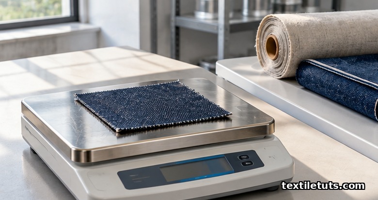Indigo denim specimen on a precision laboratory balance in a textile testing room for mass-per-area measurement.