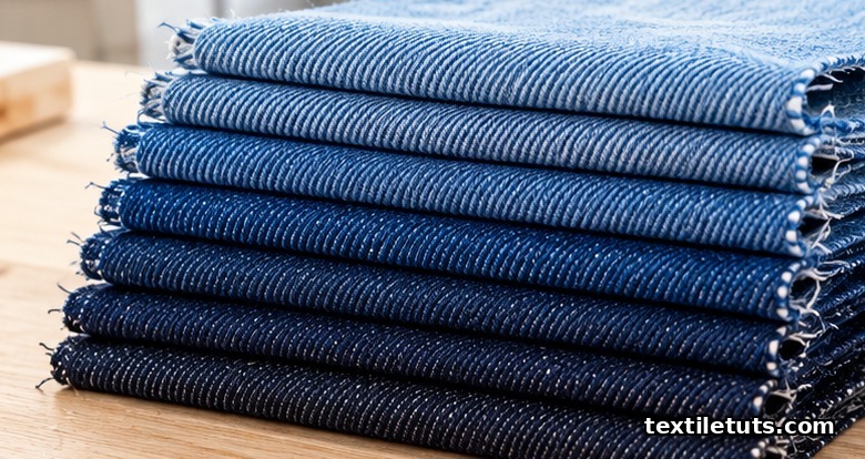 Stack of folded indigo denim fabric swatches on a wooden workbench showing the range of denim weights used for jeans and jackets.