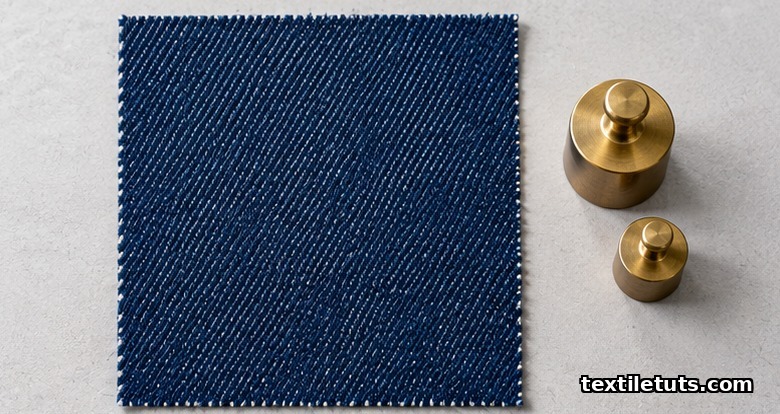 Square swatch of indigo twill denim laid flat beside brass calibration weights to illustrate ounces per square yard.