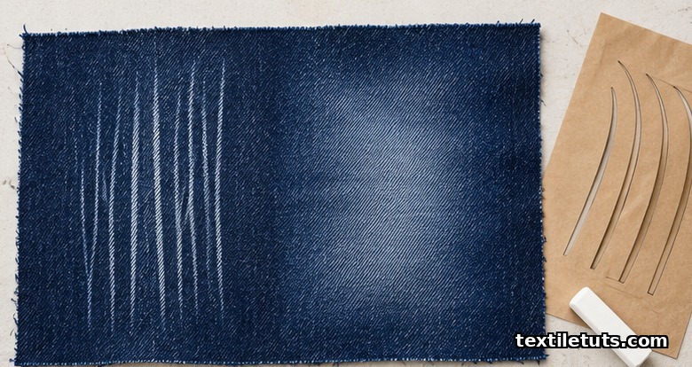 Raw indigo denim cut comparing a cluster of narrow vertical whisker lines on the left against a wide softly faded handsanded zone on the right, with stencil and chalk.