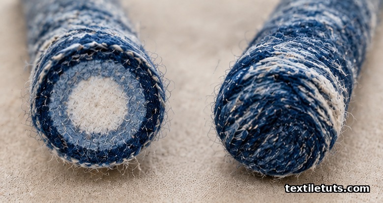 Magnified comparison of rope-dyed yarn rings versus slash-dyed yarn streaks on cotton fiber
