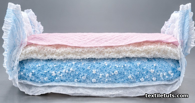 Cross-section illustration of a disposable diaper showing the four internal layers: top sheet, acquisition layer, absorbent core, and back sheet.