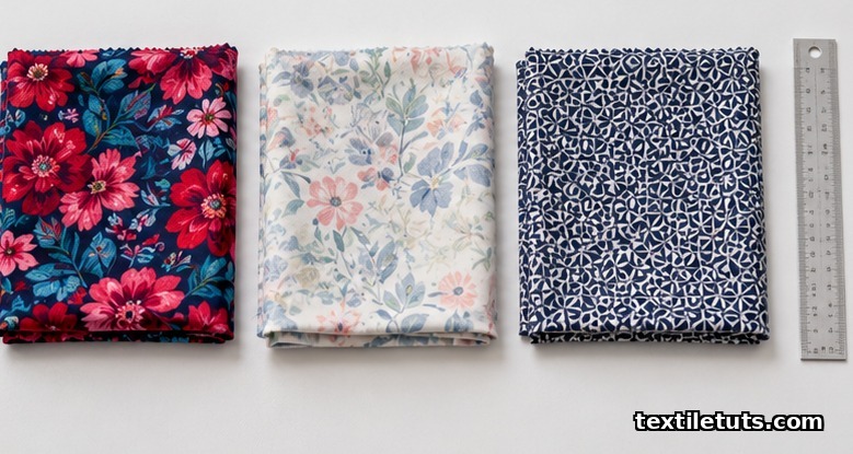 Folded fabric samples of microfiber polyester, nylon 6, and cellulose triacetate with printed patterns and a ruler for scale.