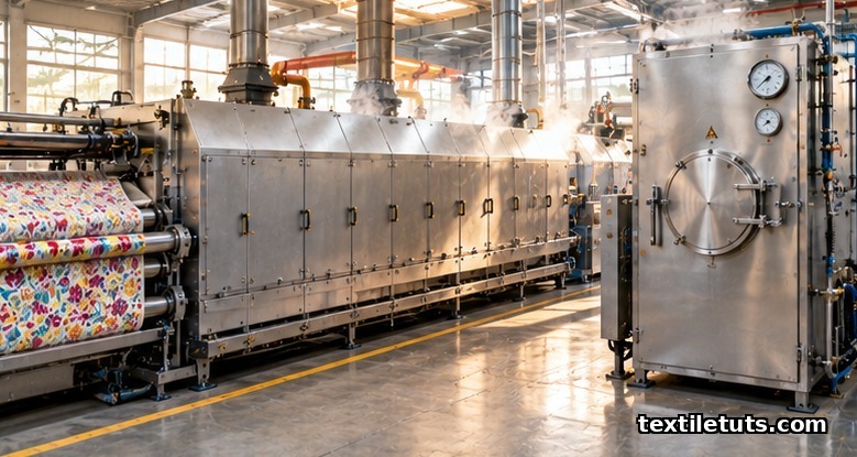 Industrial stenter frame for thermofixation beside a high-temperature steamer chamber with sealed doors in a textile mill.