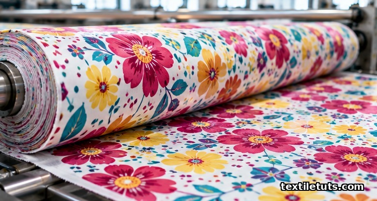 Roll of white polyester fabric printed with vivid magenta, yellow, and turquoise floral pattern emerging from a rotary press.
