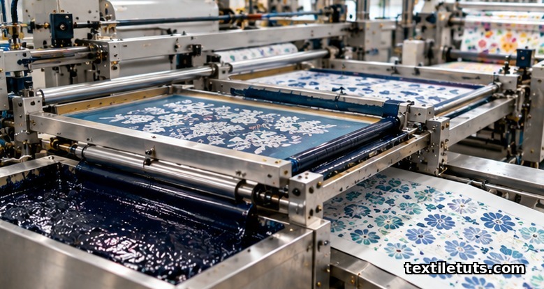 Flat-bed rotary screen printing press with patterned screens and thick print paste in stainless vat across fabric run.
