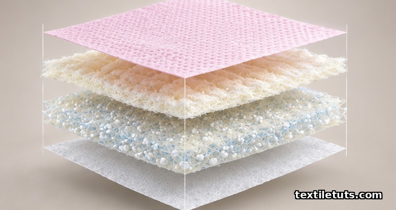 Exploded isometric view of a disposable diaper showing the top sheet, acquisition layer, absorbent core, and back sheet separated.