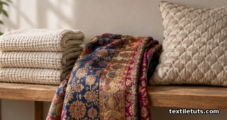 Stacked huckaback towels, draped jewel-toned brocade sari fabric, and matelassé cushion on a wood shelf.