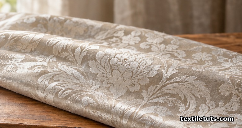 Folded ecru damask table linen with large floral motifs rendered in contrasting warp and weft floats.