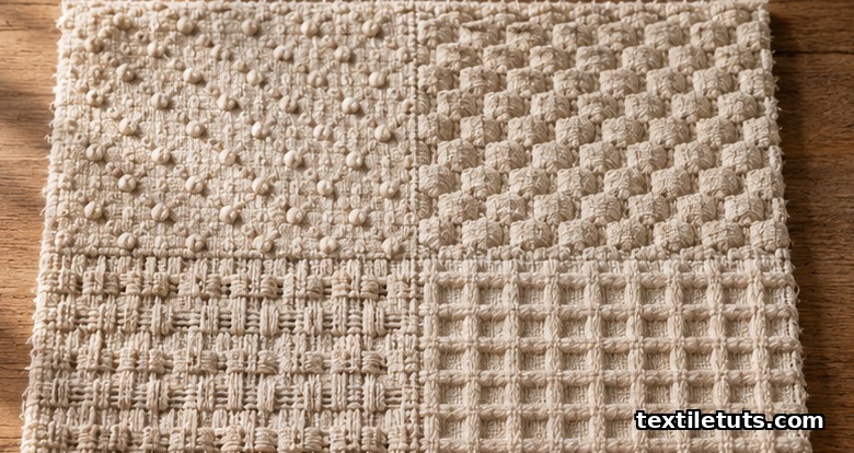 Close-up of natural cotton dobby weave showing bird's eye, honeycomb, huckaback, and waffle textures.