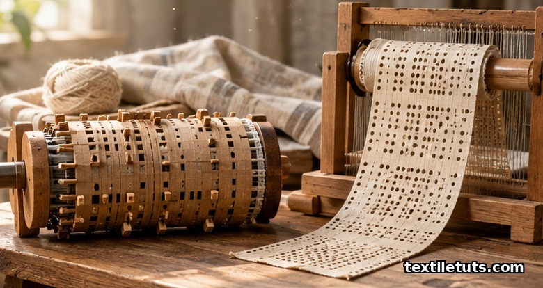Wooden dobby pattern chain cylinder beside a continuous strip of jacquard punched cards on a loom bench.