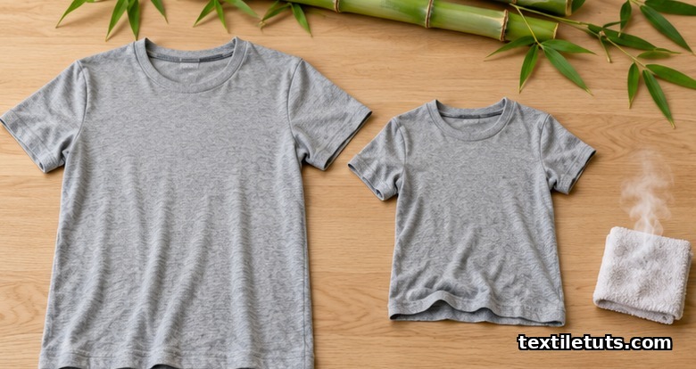Two bamboo viscose t-shirts side by side, one visibly shrunk after a warm wash, with bamboo stalks above