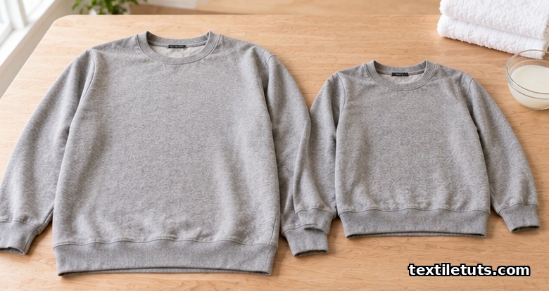 Two grey cotton fleece sweatshirts laid flat, one visibly shorter after washing, showing sweatshirt shrinkage