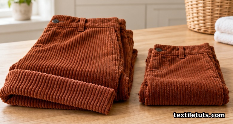 Two pairs of rust-brown corduroy trousers folded side by side, one visibly shrunken after washing