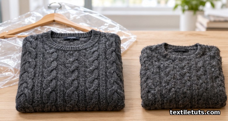 Dry-cleaned grey cable-knit wool sweater beside an identical sweater felted and shrunk by hot water washing