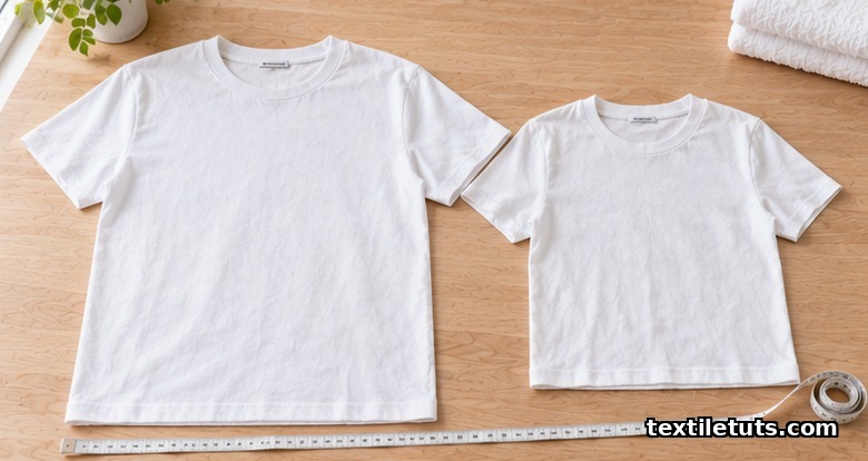 Two plain white cotton T-shirts side by side with a measuring tape showing slight shrinkage after washing