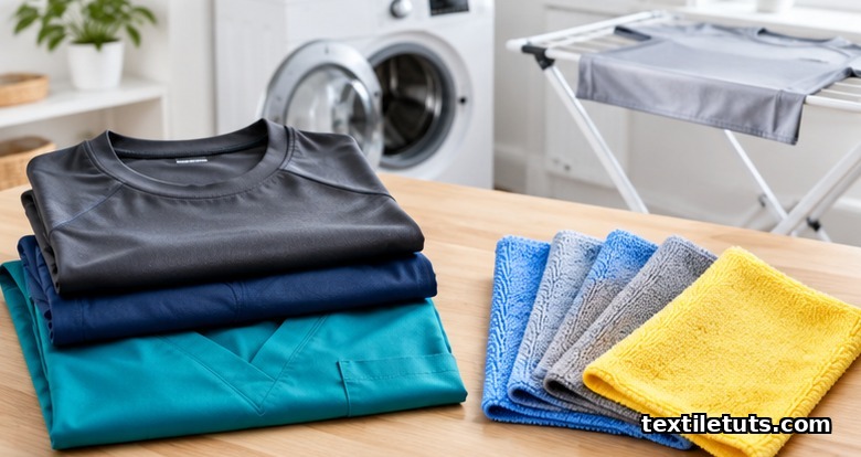 Folded microfiber athletic shirt, travel pants and scrubs beside plush microfiber cloths on a laundry table