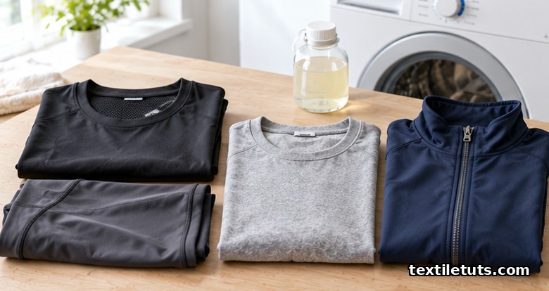 Flat lay of polyester training tee, stretch tights, cotton tee and track jacket beside a washer set to cold wash