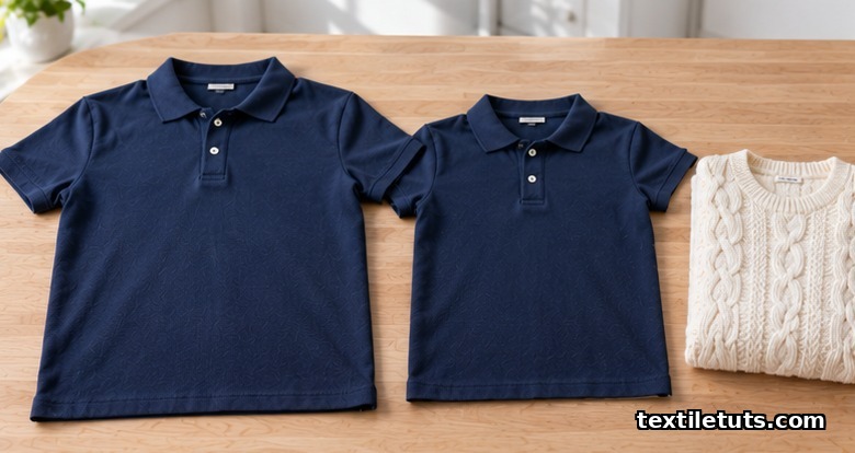 Two navy cotton piqué polo shirts side by side showing shrinkage after a warm wash, with a folded cashmere sweater