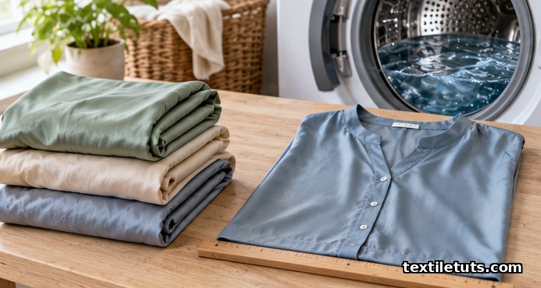 Folded Tencel lyocell fabrics beside a front-loading washer, with a blouse laid flat to show it kept its shape