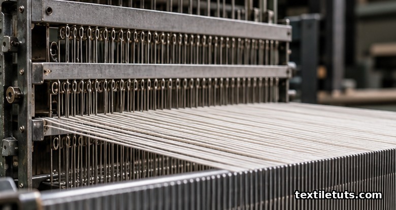 Cotton warp yarns threaded through metallic heddle eyes on an industrial power loom during the drawing-in process.