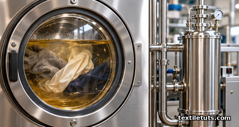 Wool and silk garments tumbling in clear solvent inside a stainless-steel dry cleaning machine with distillation unit
