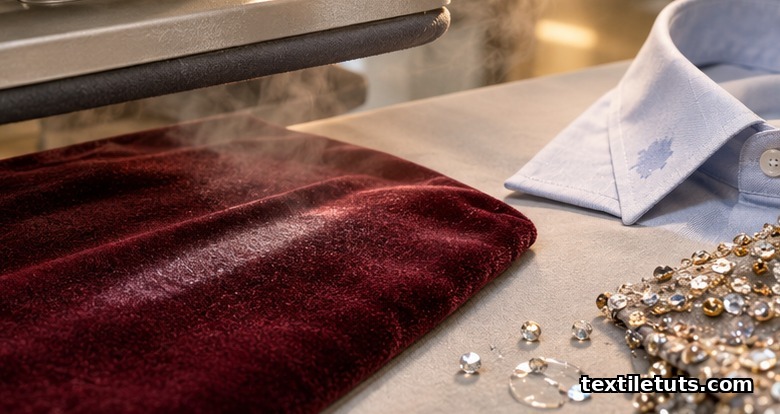 Steam press above velvet with a flattened shine mark, a puckered collar and loose beads from embellishment damage