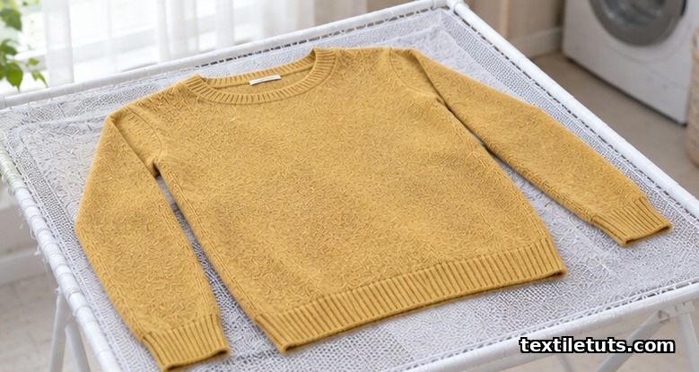 Acrylic knit sweater laid flat and reshaped on a mesh drying rack near an open window, out of direct sun